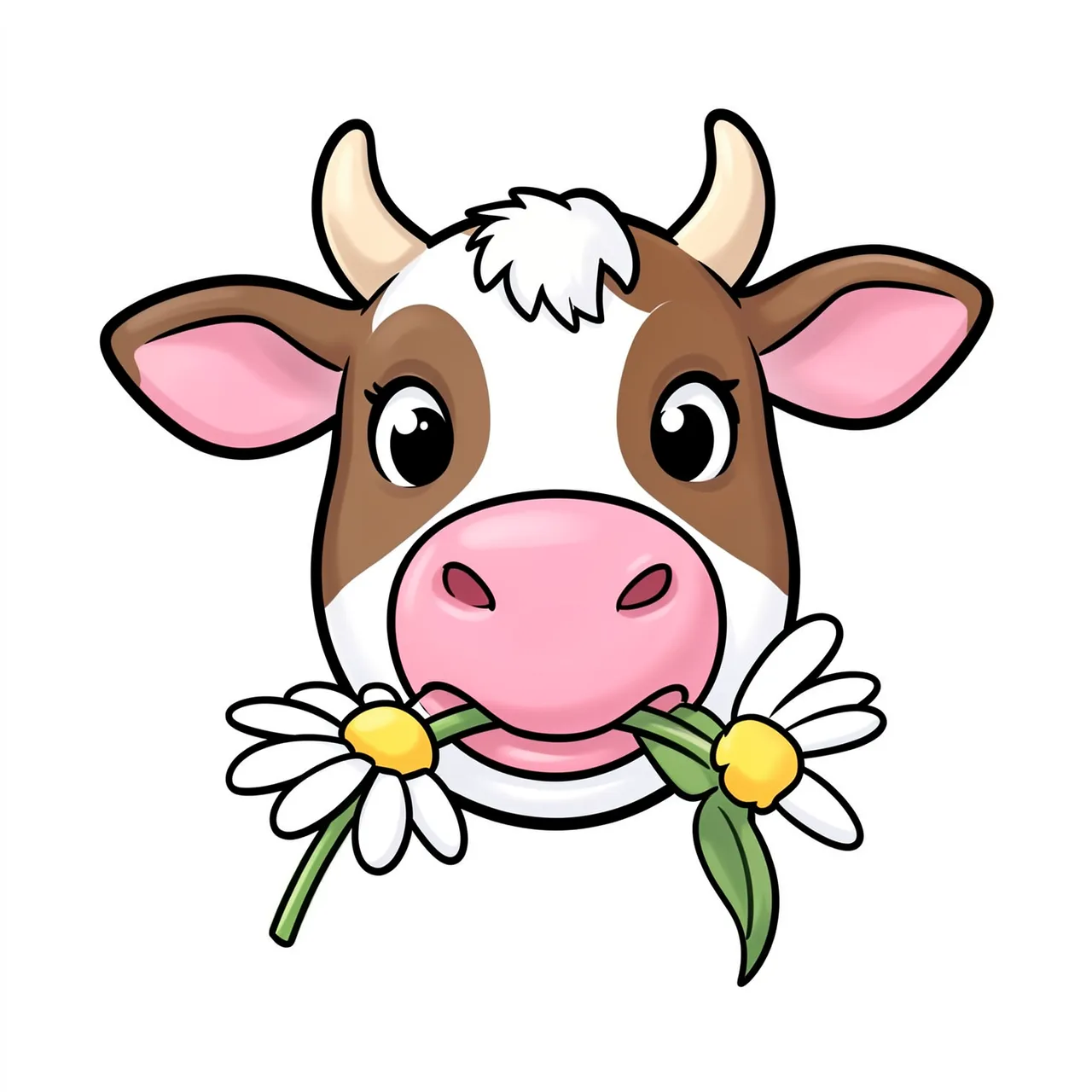 A friendly cartoon cow face chews two daisies against a plain white background