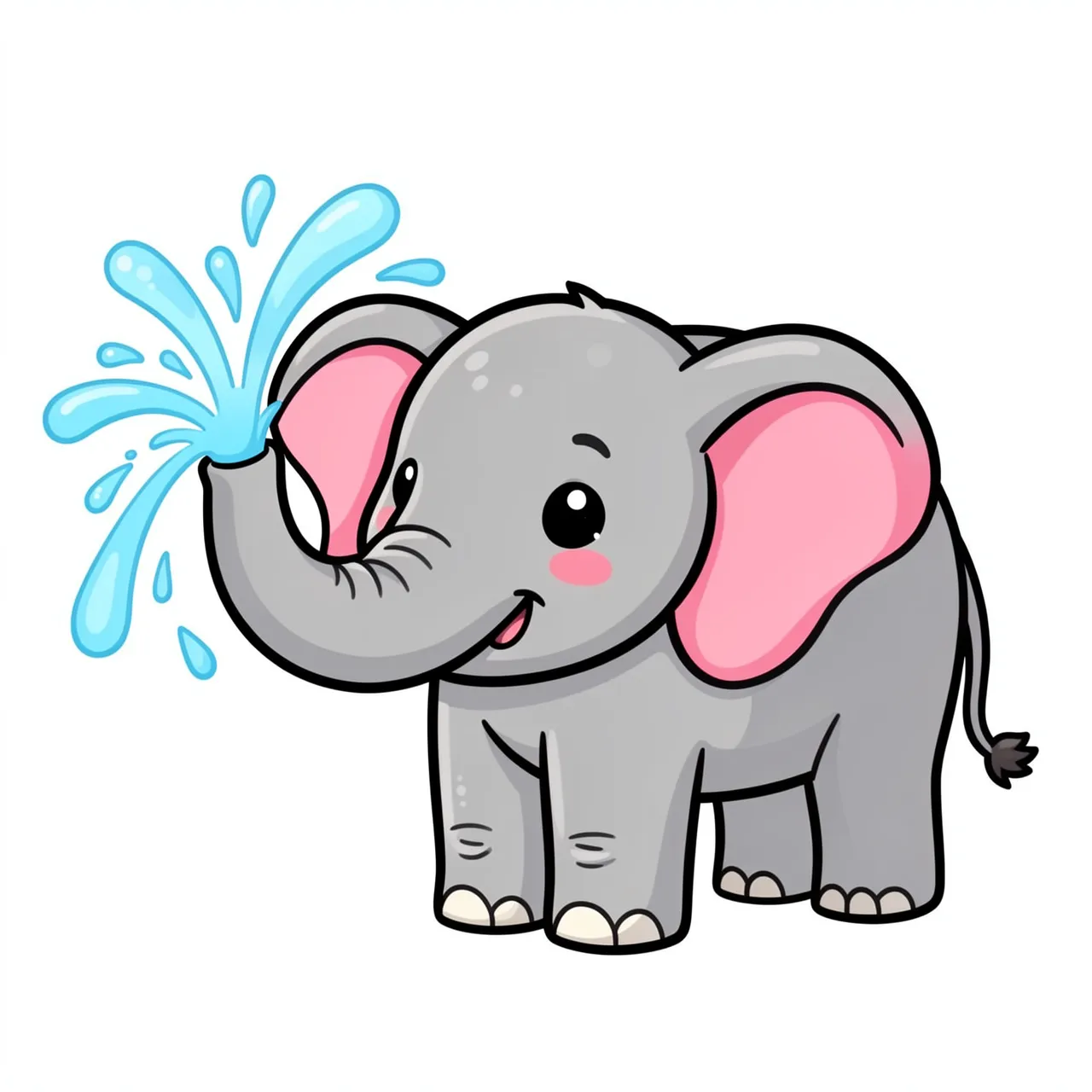 A smiling chibi cartoon elephant sprays bright blue water from its trunk against a plain white background.