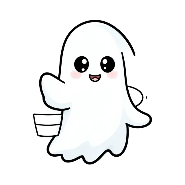 A cheerful cute cartoon ghost holds a tiny bucket against a plain white background