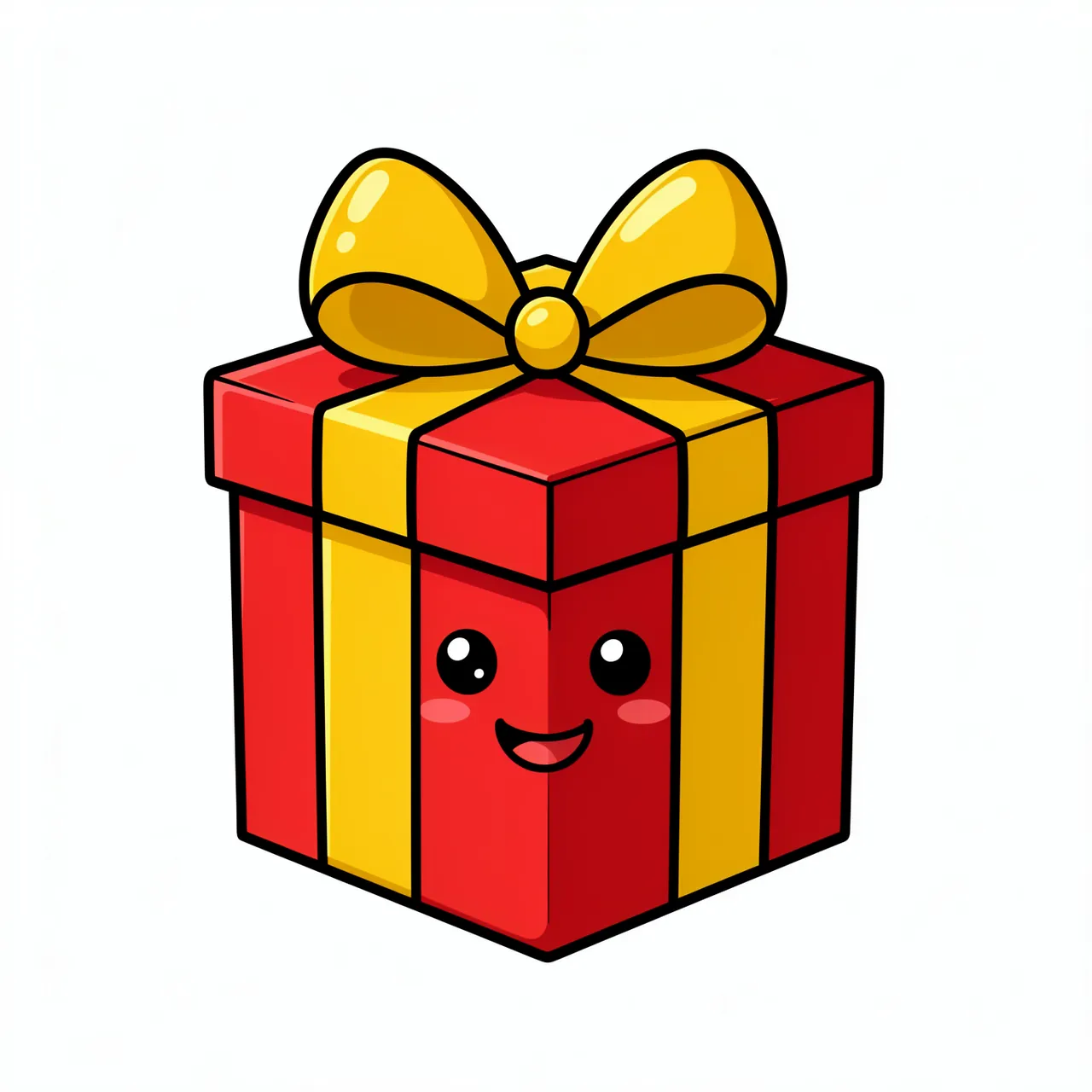 A smiling cartoon red gift box with a large gold bow sits isolated on a plain white background