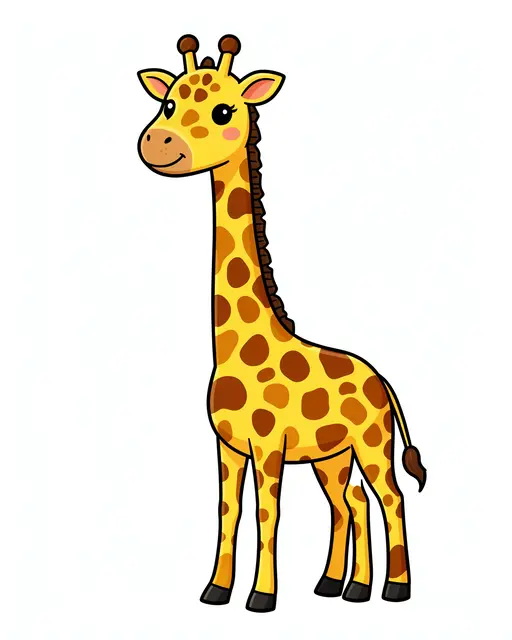 A friendly smiling cartoon giraffe with spotted yellow fur stands against a plain white background.