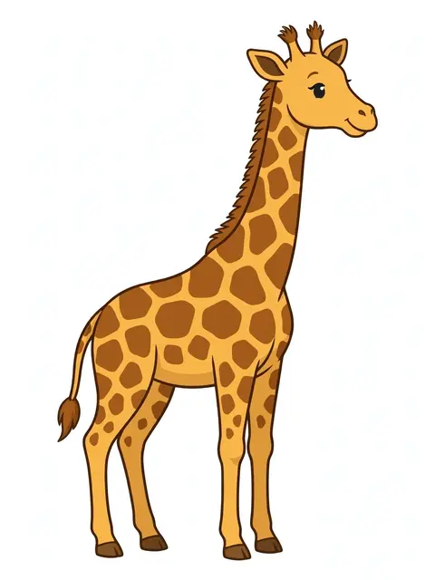 Side view flat cartoon illustration of a standing giraffe with brown patches and a short tufted mane on a light background
