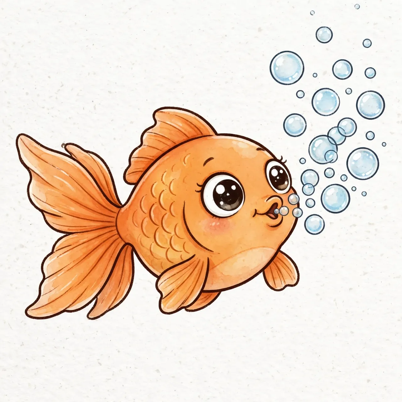 A cartoon orange goldfish with large eyes and a fan tail blows floating clear bubbles on textured off-white paper