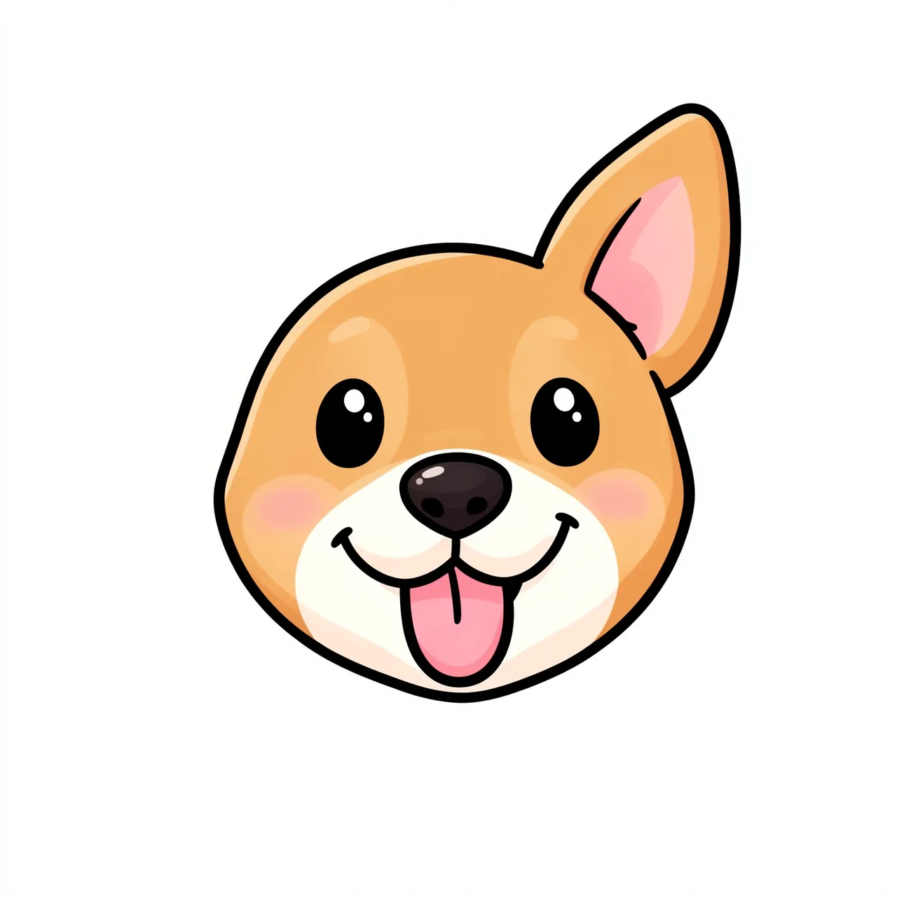 A cheerful cartoon dog face with one upright ear, pink tongue, and bold black outlines on a plain white background