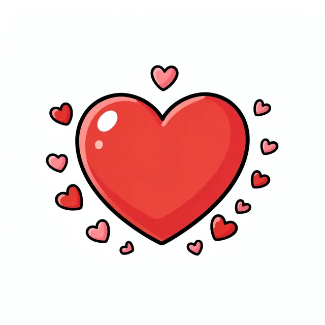 Puffy glossy red heart surrounded by tiny pink and red hearts with bold black outlines on a plain white background