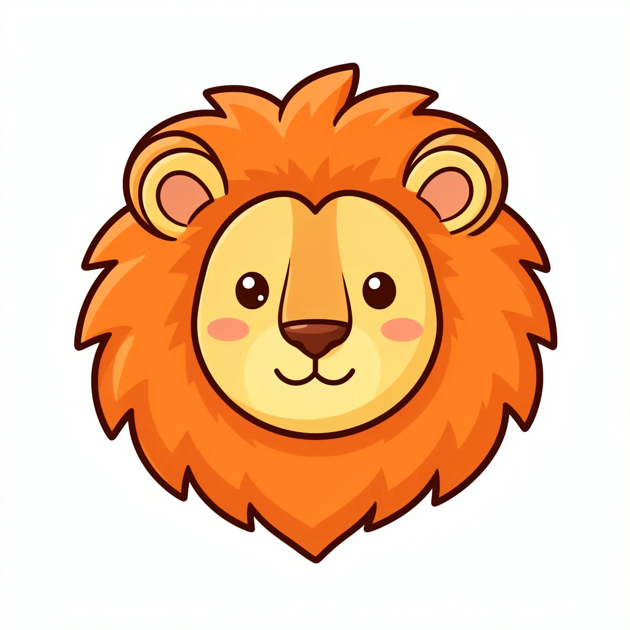 Smiling cute cartoon lion head with a fluffy orange mane isolated on white
