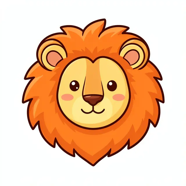 Smiling cute cartoon lion head with a fluffy orange mane isolated on white
