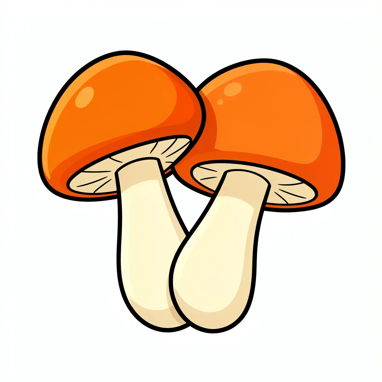 Two cartoon mushrooms with orange rounded caps and cream stems lean together on a plain white background