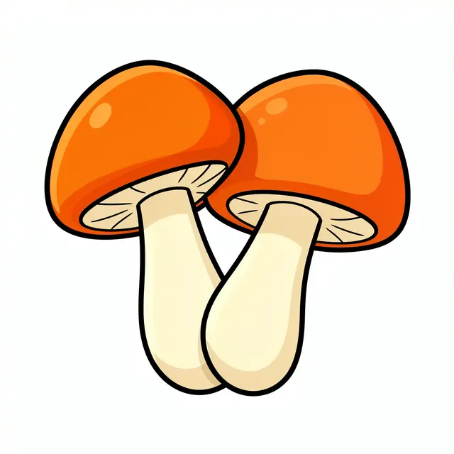 Two cartoon mushrooms with orange rounded caps and cream stems lean together on a plain white background