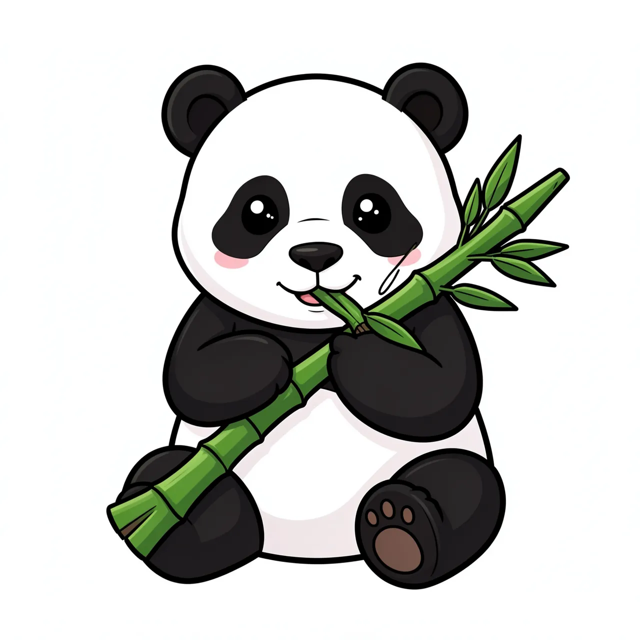A chibi cartoon panda sits holding and munching a green bamboo stalk against a plain white background