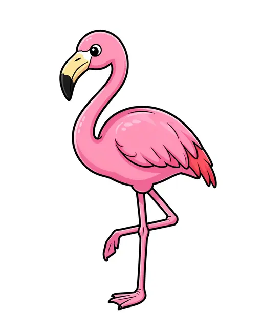Cartoon illustration of a pink flamingo standing on one leg against a plain white background