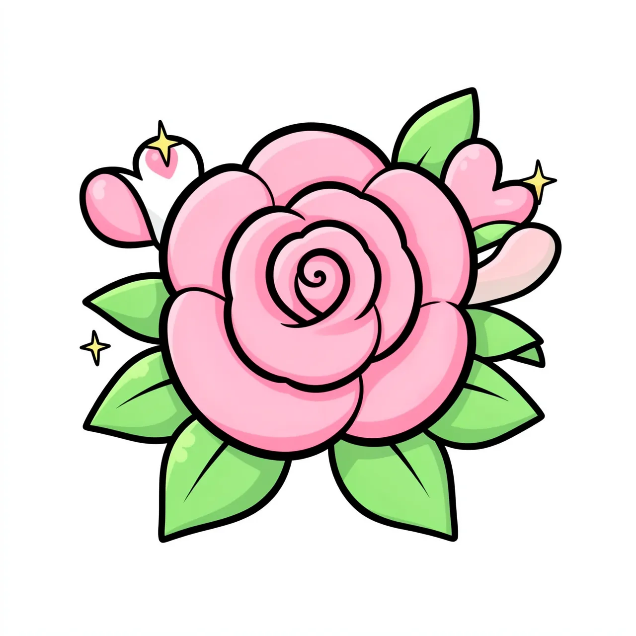 Bold outlined cartoon pink rose with heart accents, green leaves and tiny sparkles on a plain white background