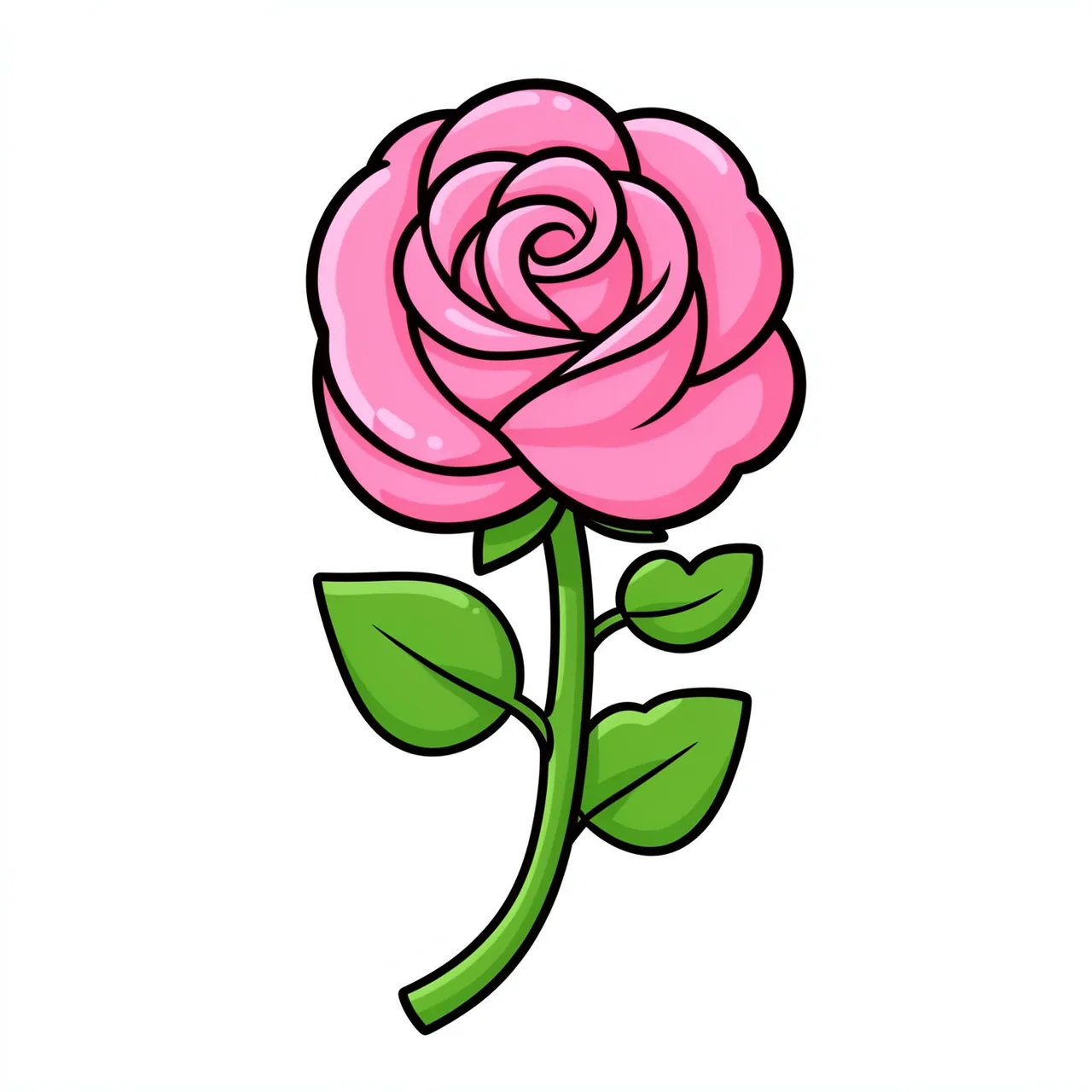 A chubby swirled pink rose with green heart-shaped leaves on a curvy stem, isolated on a white background
