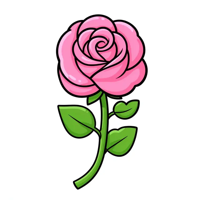 A chubby swirled pink rose with green heart-shaped leaves on a curvy stem, isolated on a white background