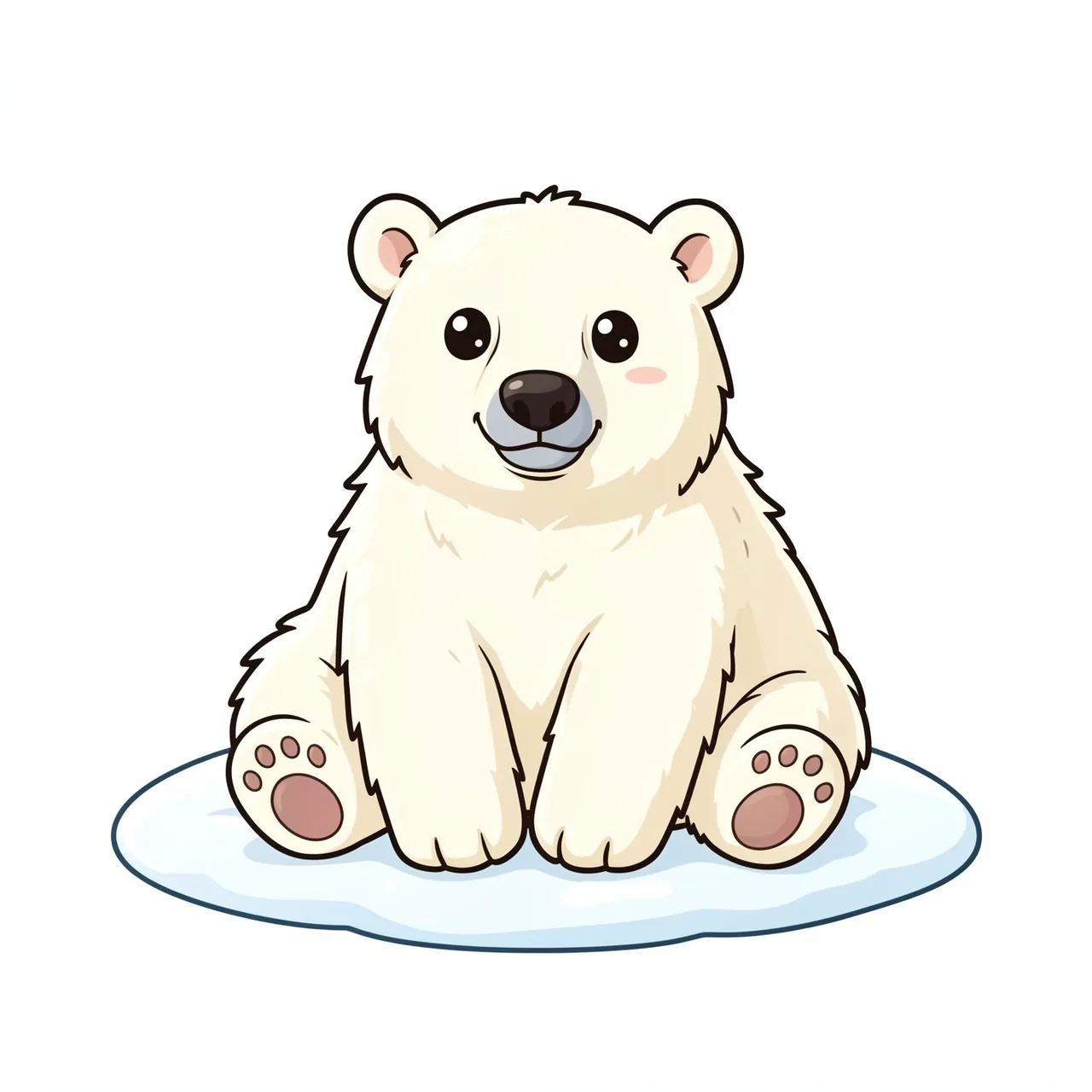 A fluffy chibi-style cartoon polar bear sits on a small patch of snow against a plain white background