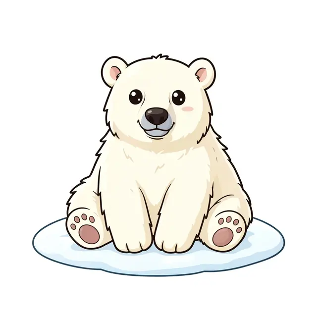 A fluffy chibi-style cartoon polar bear sits on a small patch of snow against a plain white background