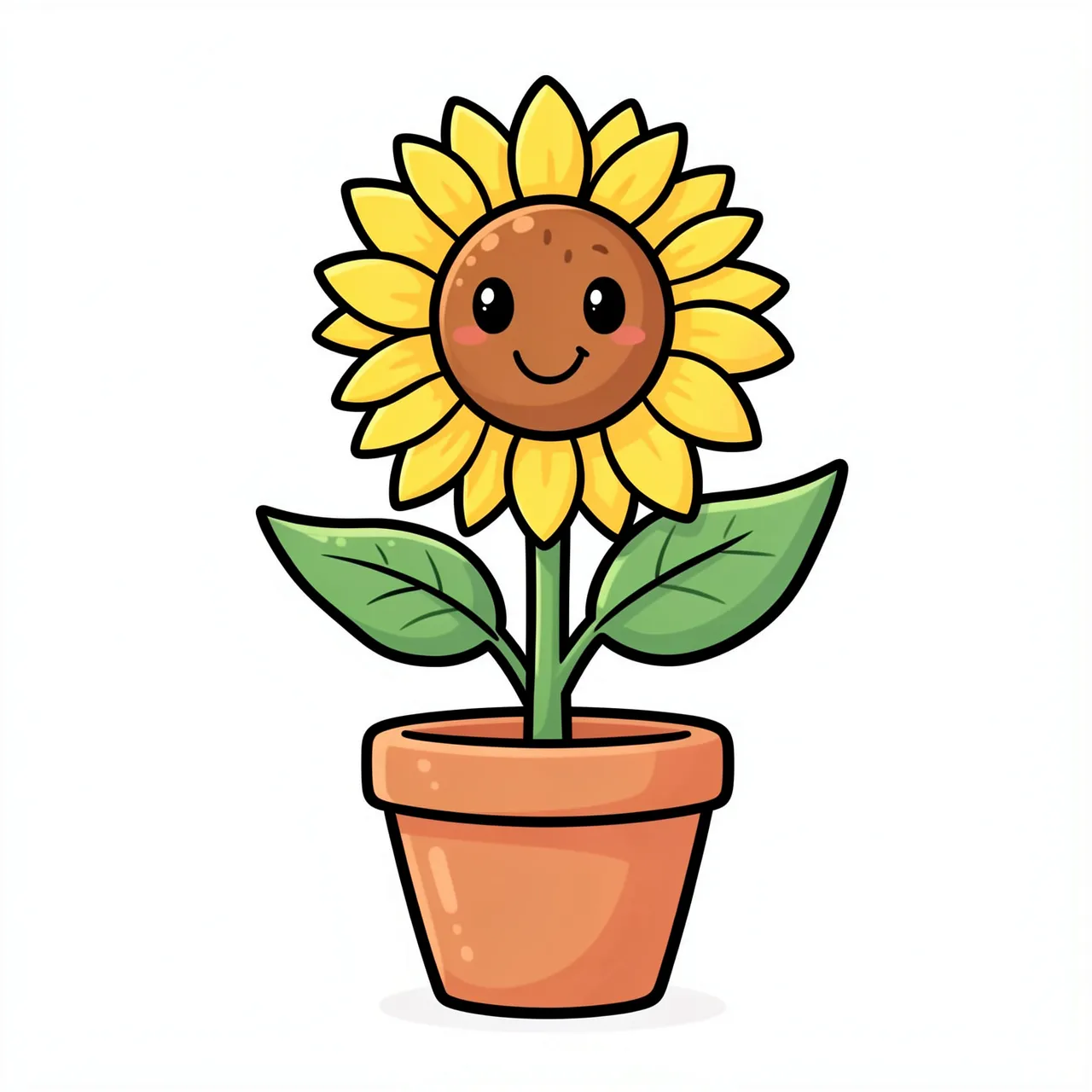 A smiling cartoon sunflower with two green leaves sits in a terracotta clay pot on a plain white background