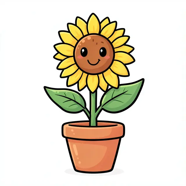 A smiling cartoon sunflower with two green leaves sits in a terracotta clay pot on a plain white background