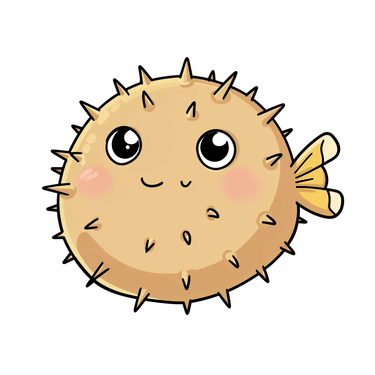 A round blushing cartoon pufferfish with tiny spikes sits isolated on a plain white background
