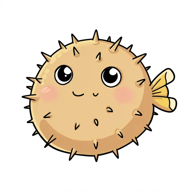 A round blushing cartoon pufferfish with tiny spikes sits isolated on a plain white background