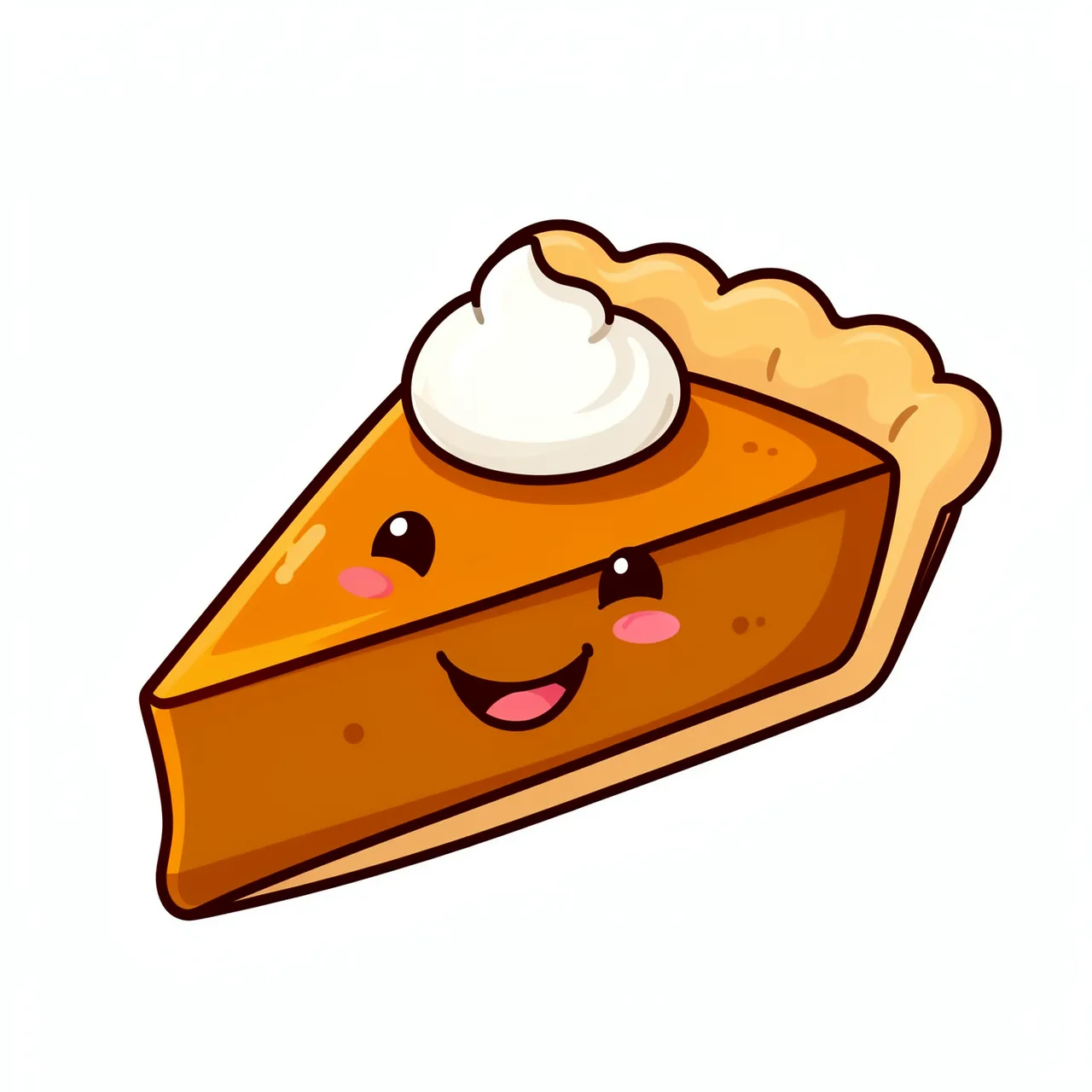 Smiling anthropomorphic cartoon slice of pumpkin pie topped with whipped cream, isolated on a plain white background