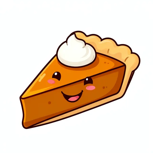 Smiling anthropomorphic cartoon slice of pumpkin pie topped with whipped cream, isolated on a plain white background