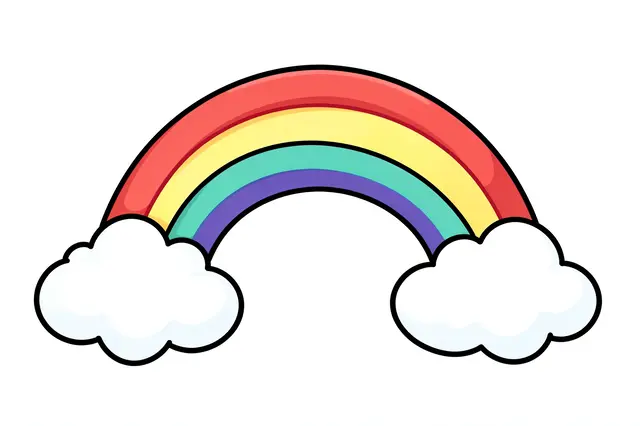 A cartoon arched rainbow with bold outlines sits between two fluffy white clouds on a plain white background
