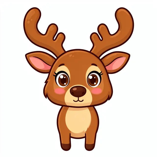 A friendly cartoon reindeer with big brown eyes stands isolated on a plain white background.