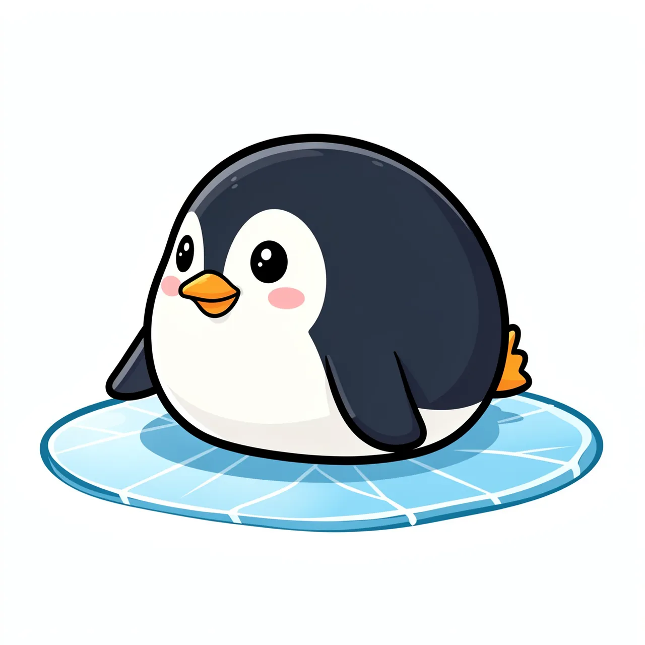A chibi-style round cartoon penguin rests on a small patch of cracked ice against a plain white background