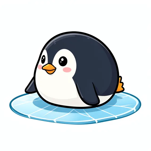 A chibi-style round cartoon penguin rests on a small patch of cracked ice against a plain white background