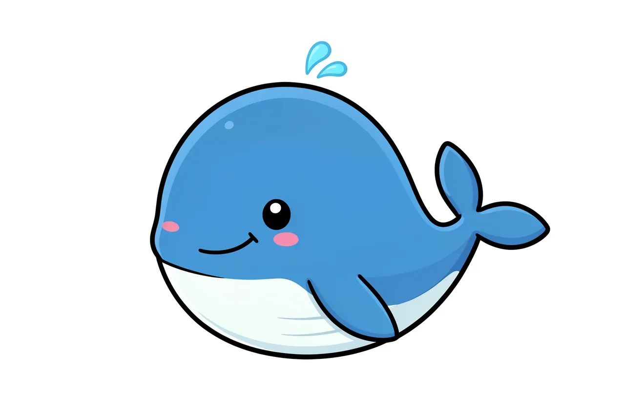 Smiling round blue cartoon whale with small water spout isolated on a plain white background