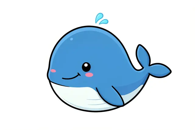 Smiling round blue cartoon whale with small water spout isolated on a plain white background