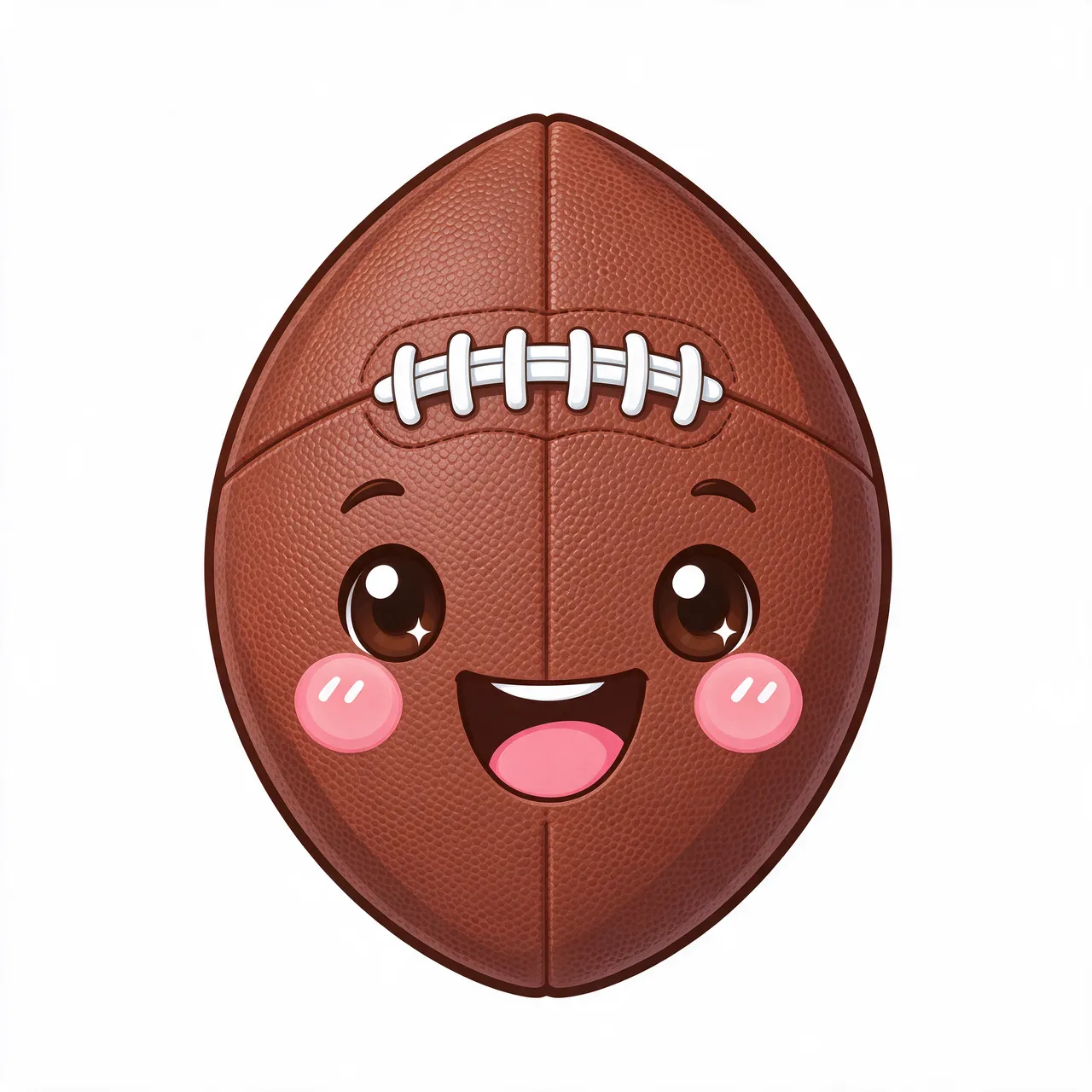 A cheerful kawaii cartoon American football with rosy cheeks and white laces on a plain white background