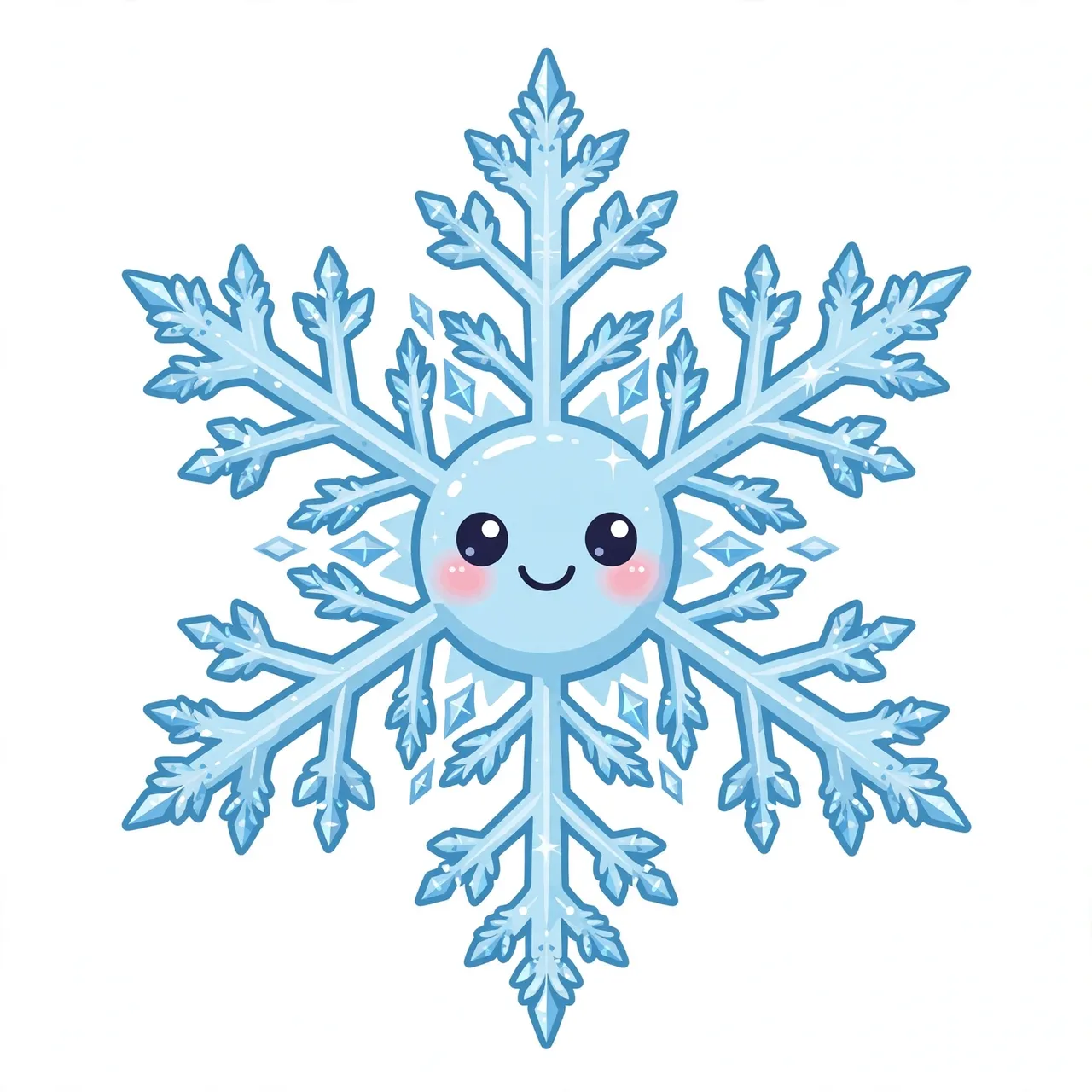 A cheerful cartoon six-pointed icy blue snowflake with rosy cheeks isolated on a light background