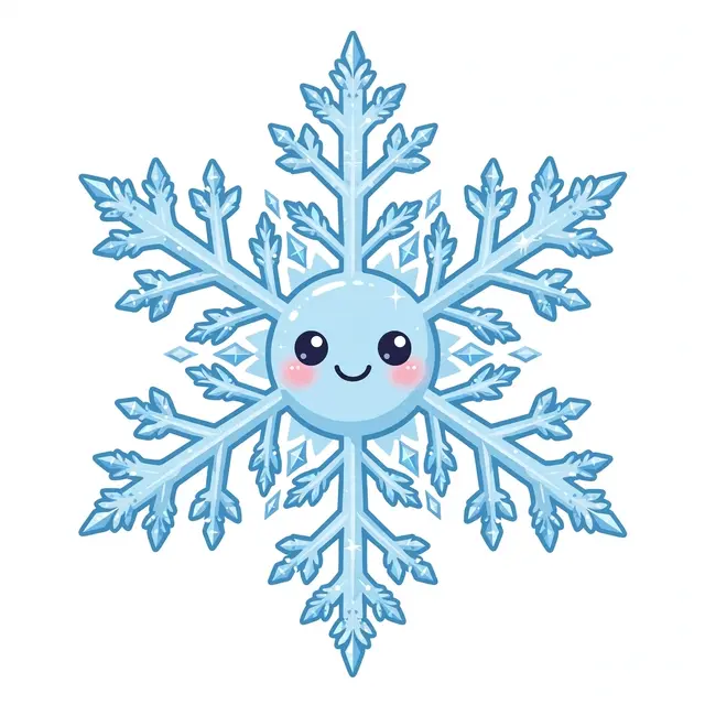 A cheerful cartoon six-pointed icy blue snowflake with rosy cheeks isolated on a light background