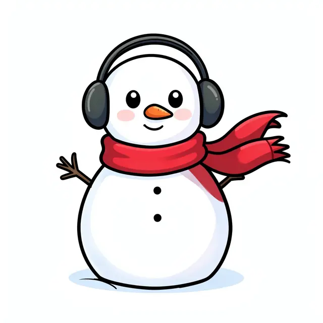 Friendly cartoon snowman with earmuffs and a red wind-blown scarf waves against a plain white background