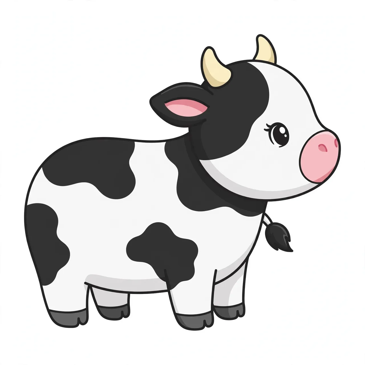 Chibi style black and white spotted cow with pink nose and small horns on a plain light background