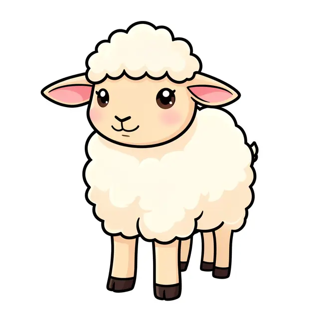 A cheerful chibi style cartoon lamb with fluffy white fleece and pink ears stands on a plain white background