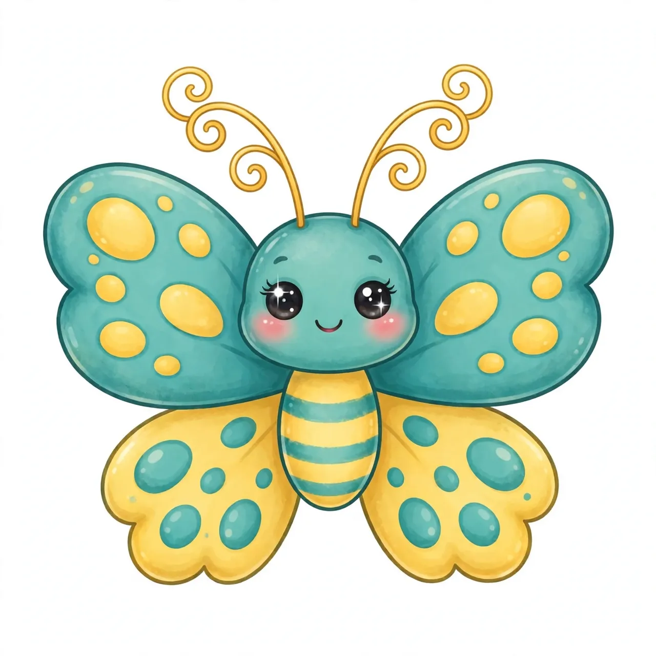 A cheerful rounded cartoon butterfly with curly antennae sits against a plain light gray background