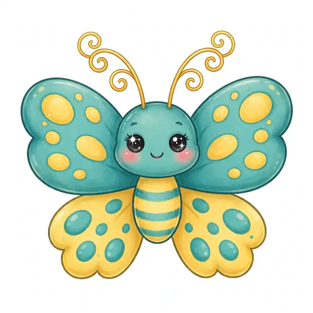 A cheerful rounded cartoon butterfly with curly antennae sits against a plain light gray background