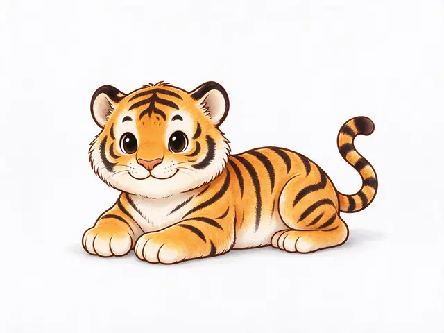A friendly cartoon tiger cub lies on its tummy with a curled tail against a plain white background