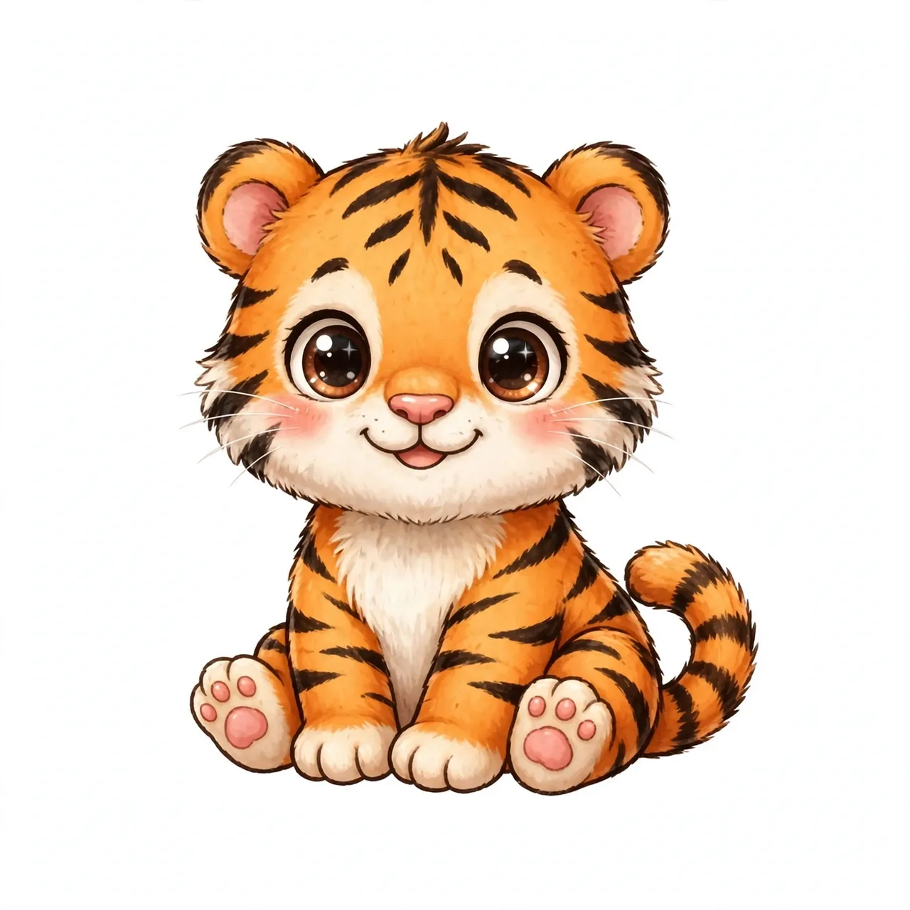 A chibi style cartoon tiger cub sits with big round shiny eyes on a light plain background