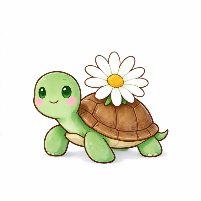 A friendly cartoon green turtle with rosy cheeks has a daisy growing on its shell on a plain white background