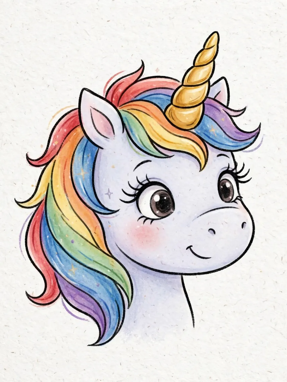 Cute cartoon unicorn head with golden spiraled horn, rainbow mane, and long lashes on textured white paper