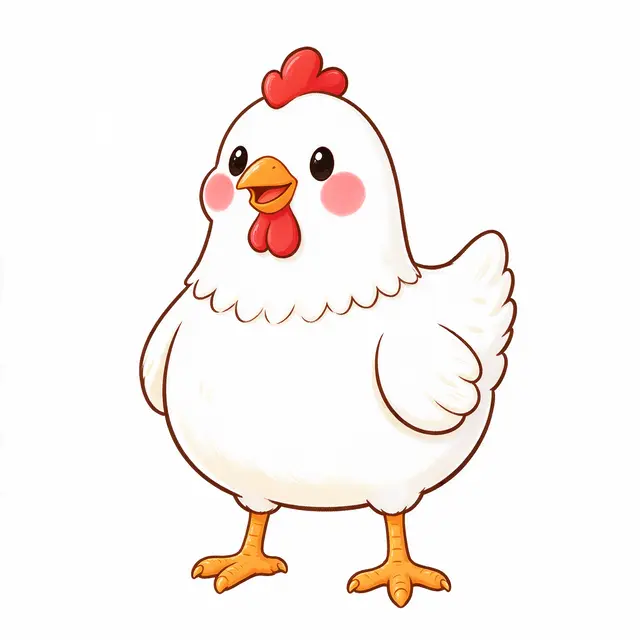 A cheerful plump white cartoon chicken with rosy pink cheeks stands isolated on a plain white background.