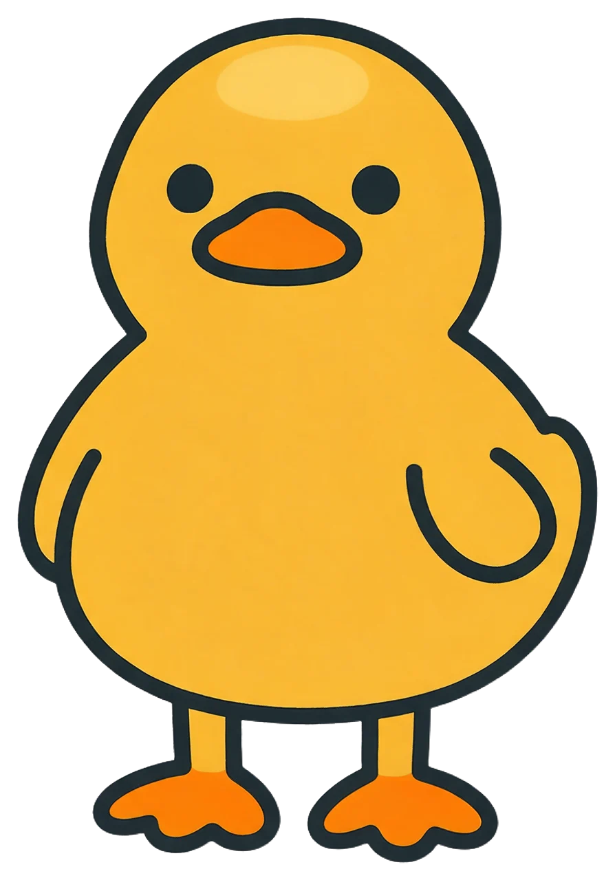 A plump cartoon yellow duck stands facing forward with a deadpan friendly expression