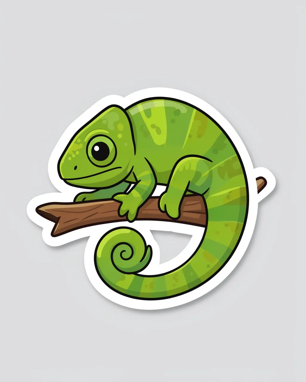 Die-cut cartoon chameleon sticker curled on a twig with a white border on a light gray background