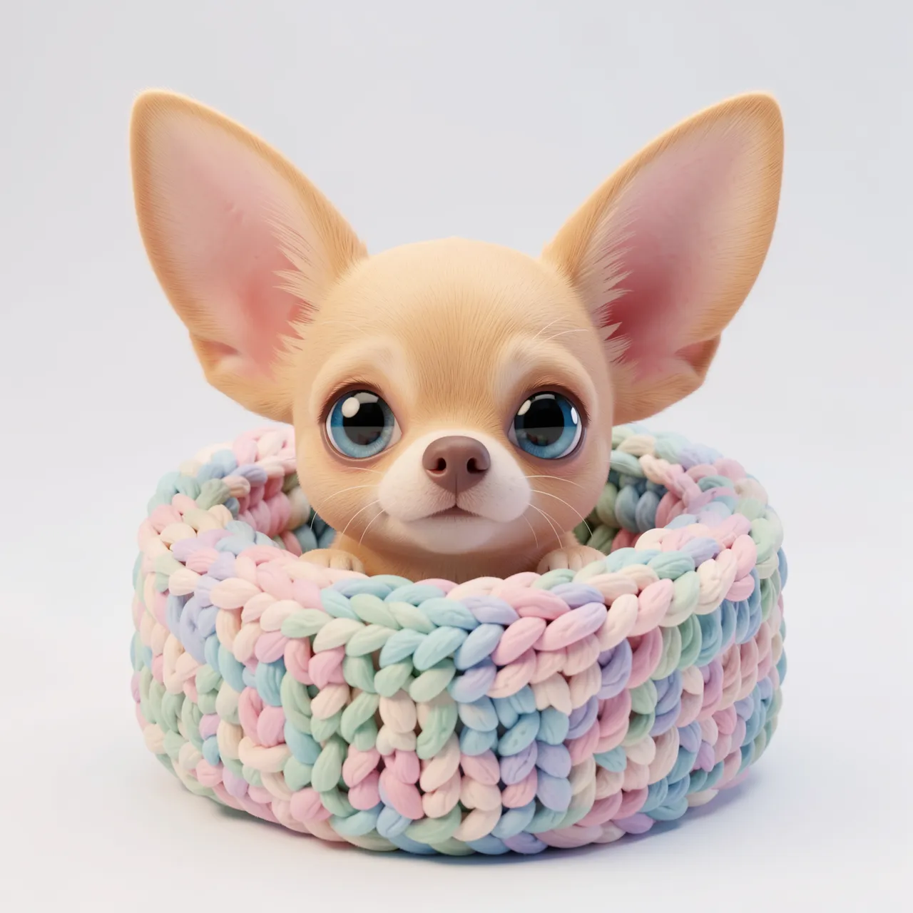 A stylized 3D Chihuahua with large ears peeks out from a pastel knitted bed against a plain background