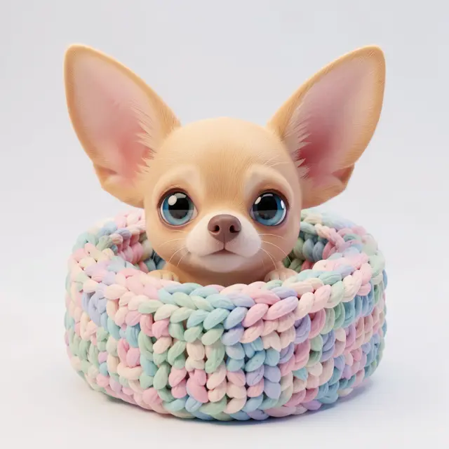 A stylized 3D Chihuahua with large ears peeks out from a pastel knitted bed against a plain background