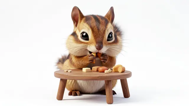 Charming 3D chipmunk stuffing its cheeks with treats from a tiny wooden snack table